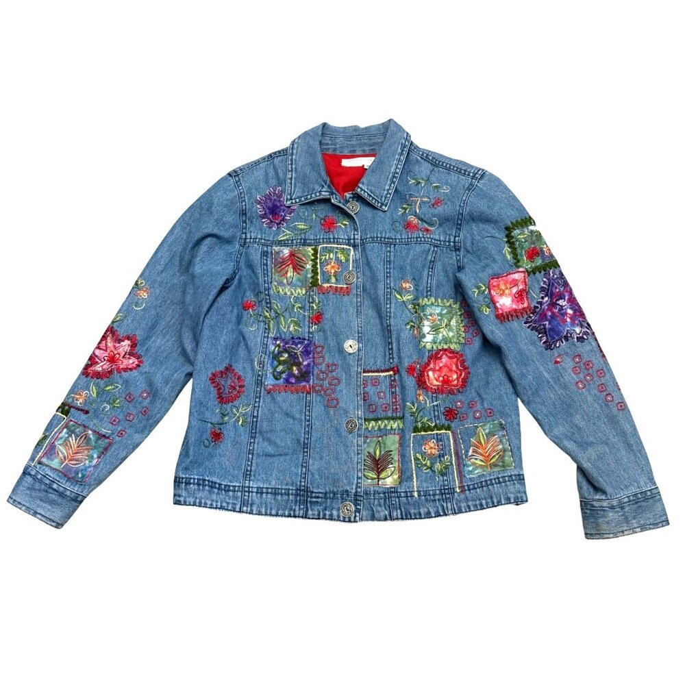 Coldwater Creek  Women's Denim Jacket Sz XS Blue Floral Patchwork Button Down
